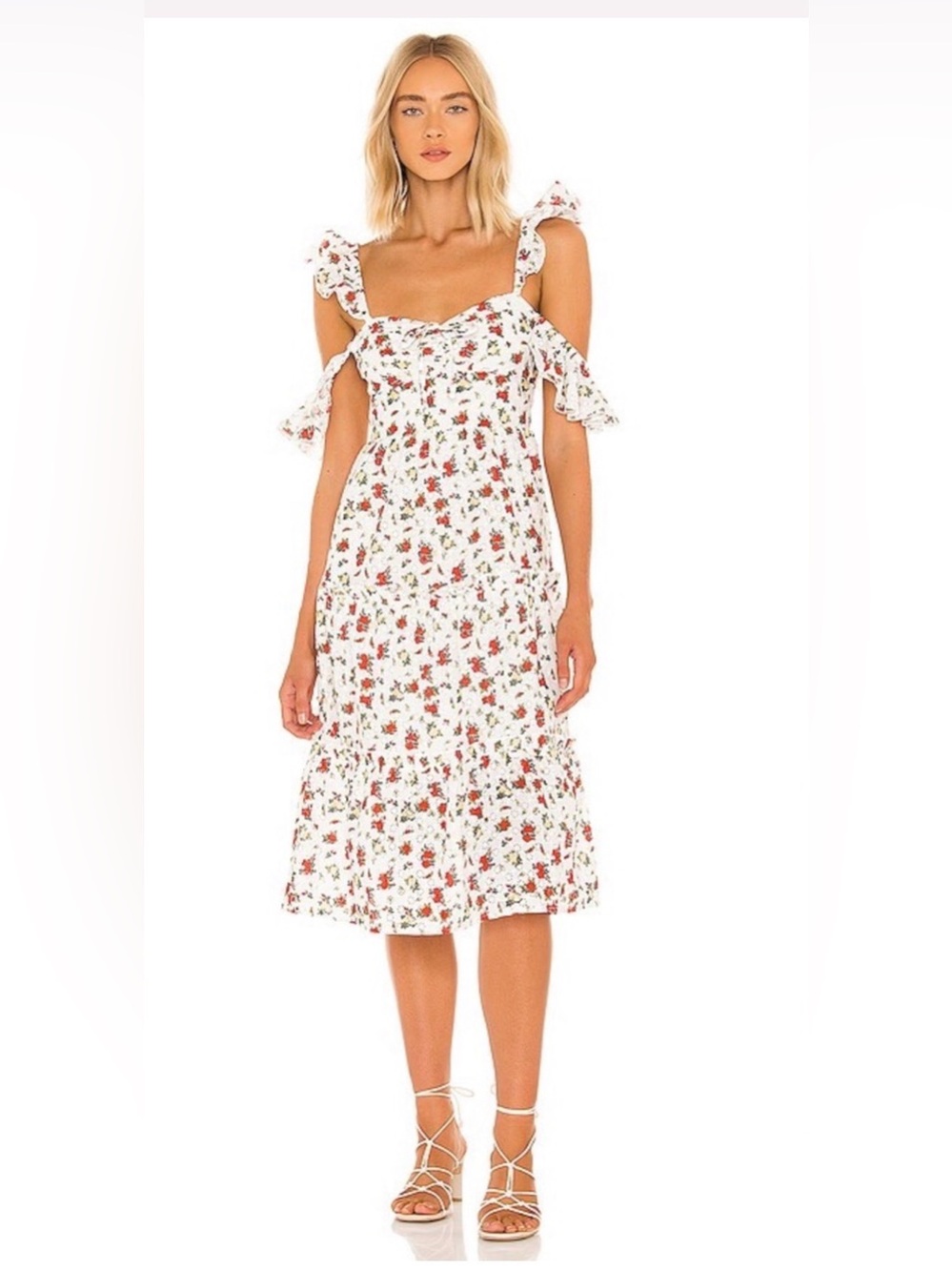 MAJORELLE White Midi Dress with Red Floral Print